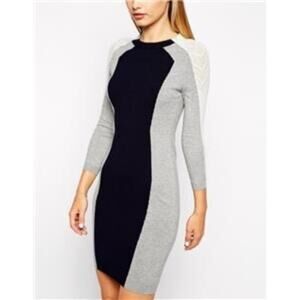 NWOT KAREN MILLEN Sweater Dress 3~M Pointelle Colorblock Long Slv Knee Viscose